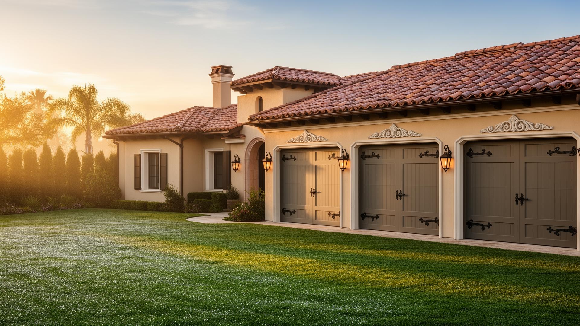 Luxury Mediterranean villa with custom Victorian style garage doors featuring ornate trim details in Wylie Texas